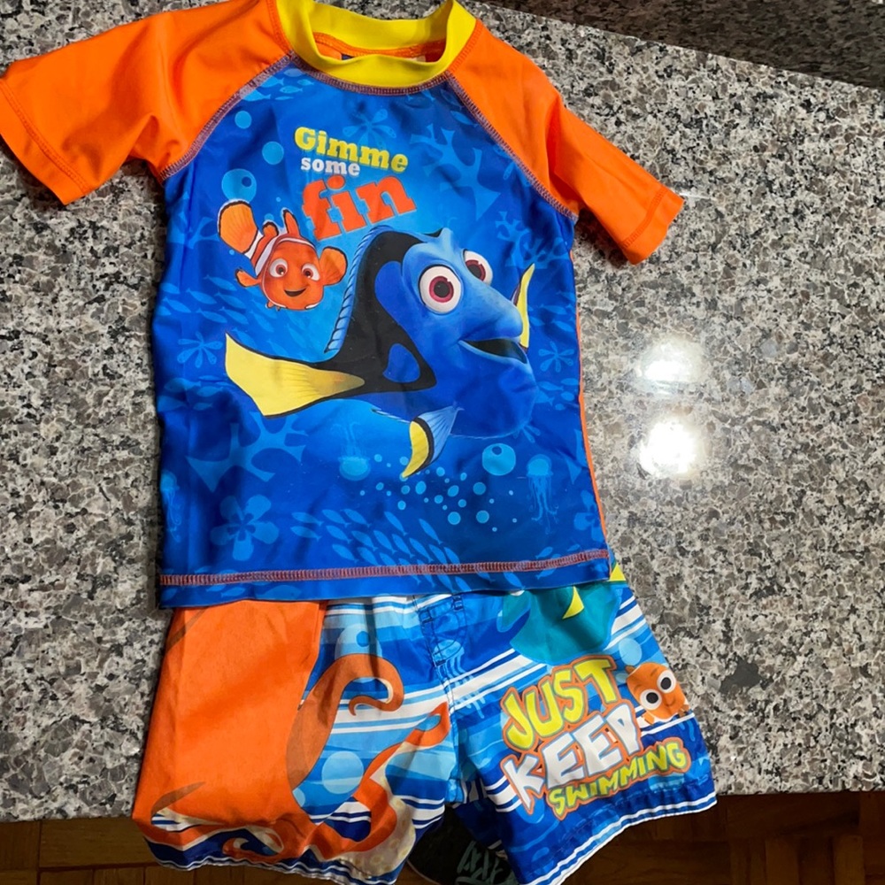 2T swim trunks and rash guard